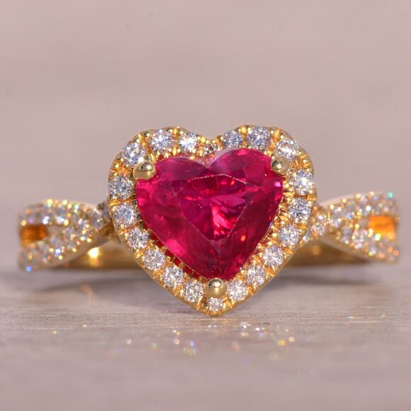 Heart Shaped Natural Ruby and Diamond Ring in Yellow Gold